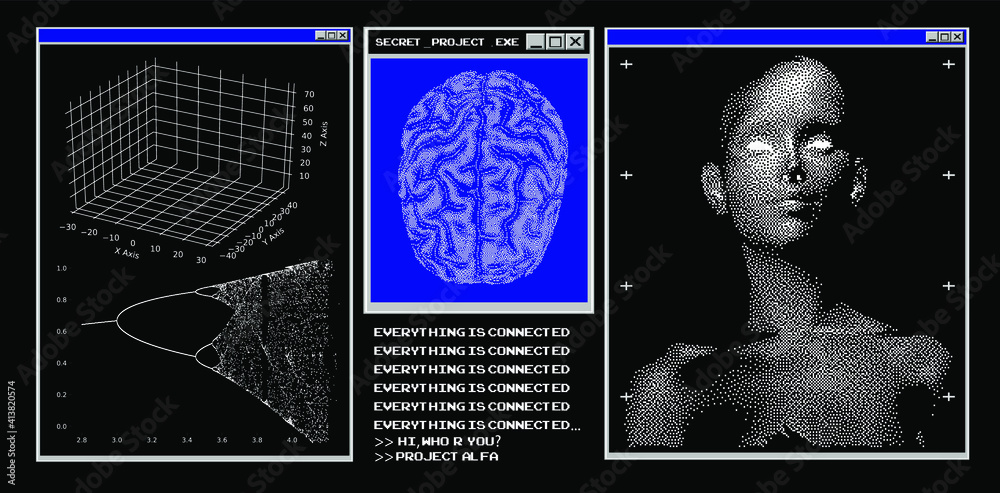 Poster Futuristic sci-fi user interface with research data, Magnetic resonance imaging of the Human brain. HUD UI with callout bar labels, information boxes, digital data charts.