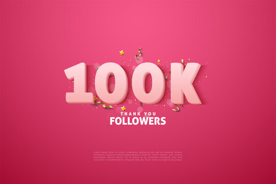 Thank you to 100k followers with soft white numbers on a pink background.