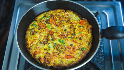 Colorful Omlette with Vegetables in Pan,Masala Omelet