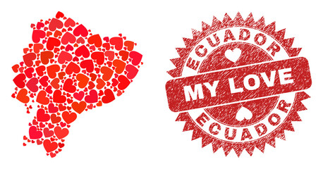 Vector collage Ecuador map of lovely heart items and grunge My Love seal. Collage geographic Ecuador map created with lovely hearts. Red rosette seal with grunge rubber texture and my love word.