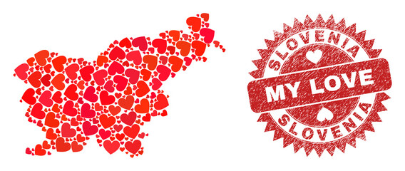 Vector collage Slovenia map of love heart elements and grunge My Love badge. Collage geographic Slovenia map created with love hearts.