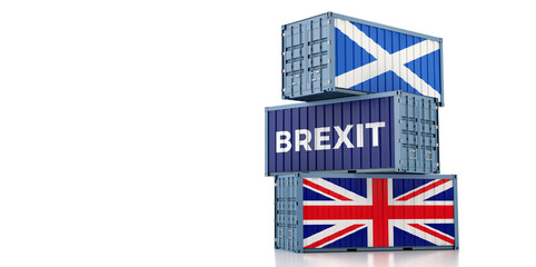 Fototapeta na wymiar Freight containers with Scotland and United Kingdom flag. Brexit trading problems. 3D Rendering 