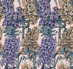 Seamless floral pattern. Hyacinth, Lilac flowers and leaves. Textile composition, hand drawn style print. Vector illustration.