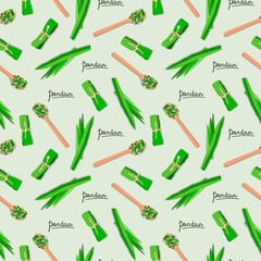 Vector seamless flat lay pattern of pandan leaves, shredded pandan spices in wooden spoon and wrapped leaves on green background