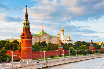 The Grand Kremlin Palace and Kremlin wall. Summer sunset. Moscow. Russia