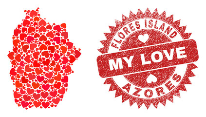 Vector mosaic Flores Island of Azores map of love heart elements and grunge My Love seal stamp. Collage geographic Flores Island of Azores map created with love hearts.