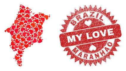 Vector collage Maranhao State map of lovely heart items and grunge My Love seal. Collage geographic Maranhao State map created with lovely hearts.