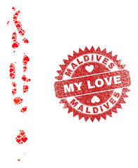 Vector mosaic Maldives map of valentine heart items and grunge My Love seal stamp. Collage geographic Maldives map constructed with love hearts.