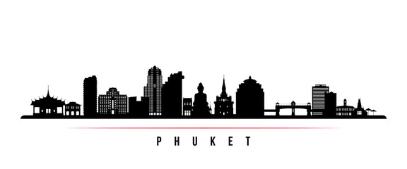 Phuket skyline horizontal banner. Black and white silhouette of Phuket, Thailand. Vector template for your design. - obrazy, fototapety, plakaty
