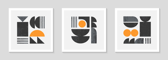 Set of abstract bauhaus geometric pattern backgrounds.Trendy minimalist geometric design with simple shapes and elements.Mid century modern artistic vector illustration.Futuristic wall art decor.