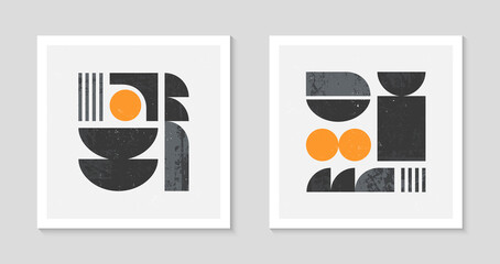 Set of abstract bauhaus geometric pattern backgrounds.Trendy minimalist geometric design with simple shapes and elements.Mid century modern artistic vector illustration.Futuristic wall art decor.