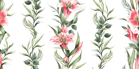 Spring pattern with pink lilies and green leaves arranged in vertical stripes. Hand drawn watercolor pattern. Great for wall papers, textiles, decor, fabrics, curtains, prints, postcards, and more.