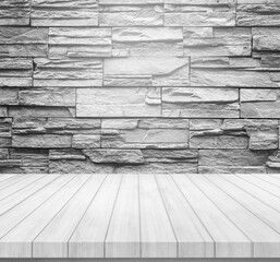 wood plank with abstract stone brick wall background for product display
