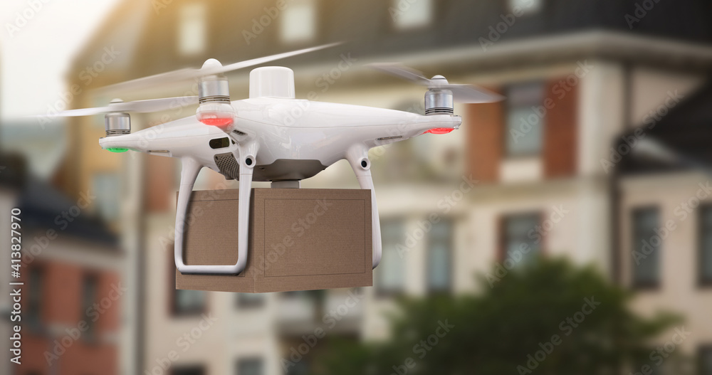 Poster drone with a package.  unmanned delivery concept
