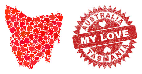 Vector collage Tasmania Island map of valentine heart elements and grunge My Love stamp. Collage geographic Tasmania Island map constructed with valentine hearts.