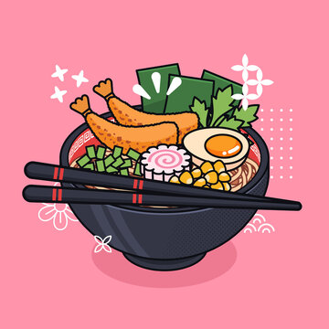 complete cute pink set japanese tempura ramen udon noodle