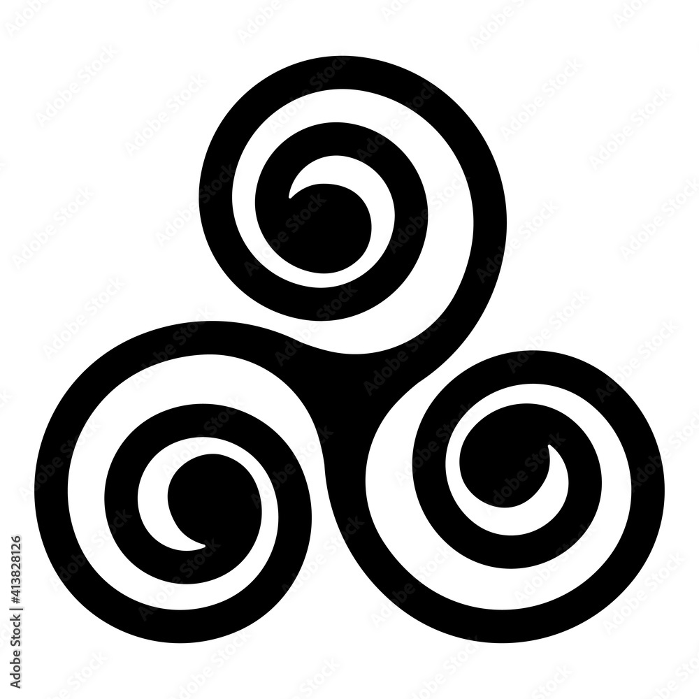 Poster black celtic triskelion spirals over the white one. triple helix with two, three turns. motifs twist