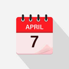 April 7, Calendar icon with shadow. Day, month. Flat vector illustration.