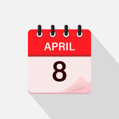 Fototapeta premium April 8, Calendar icon with shadow. Day, month. Flat vector illustration.