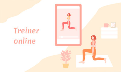 Girl is engaged in sports online, vector graphics