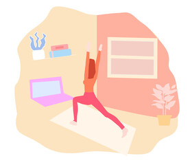 Girl does stretching at home with trainer online, vector chart