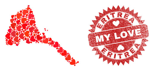 Vector mosaic Eritrea map of love heart items and grunge My Love badge. Mosaic geographic Eritrea map constructed with love hearts.