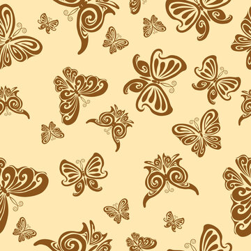 pattern in brown colors with stylized butterflies, vector illustration,