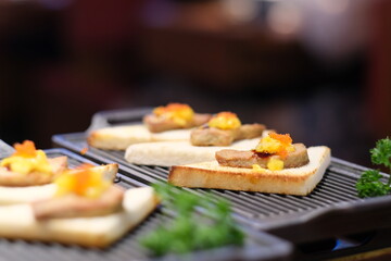 close up goose liver (foie gras) on bread. Japanese food