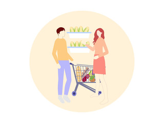 Girl and guy do shopping in the supermarket, vector chart