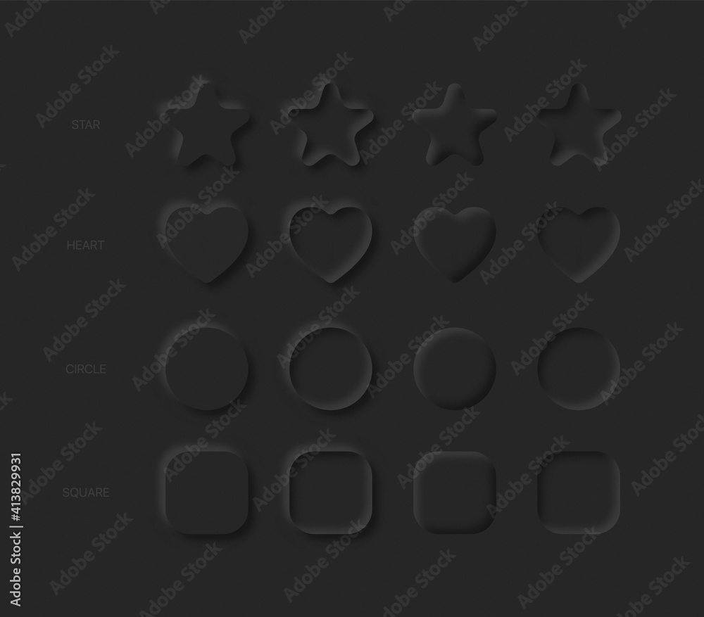 Poster vector neumorphic basic design elements rounded star heart circle square in different variations on 