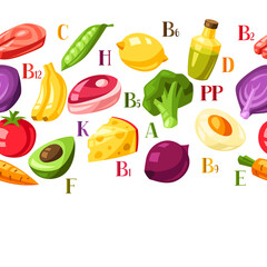 Vitamin food sources seamless pattern.