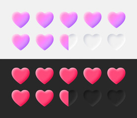 Hearts Rating Icons Set 3D Vector Neumorphic Light And Dark Style Material Design Elements On White And Black Background. Neumorphism UI UX Life Health Bar Rating Scale System In Different Variations