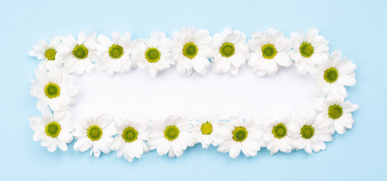 On a blue background is a rectangular frame of flowers. Postcard, greetings card.