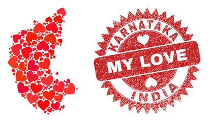 Vector mosaic Karnataka State map of lovely heart items and grunge My Love stamp. Mosaic geographic Karnataka State map designed using love hearts.