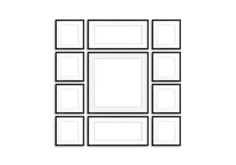 Photo frames collection isolated on white wall, eleven black realistic  frameworks set, 3d interior decor mock up