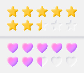 Neumorphic 3D Vector Game UI Elements Stars Achievement Rank Scale And Life Health Bar Rating System. Neumorphism Style Material Game Design User Interface Elements Set On White Background