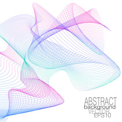 Magenta, teal, blue flying net. Dynamic veil pattern, color gradient. Thin squiggle curves. Wavy lines. Vector abstract line art design. Template for invitation, wallpaper. White background. EPS10