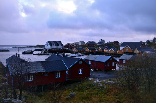 Red rorbua houses on Lofoten Islands