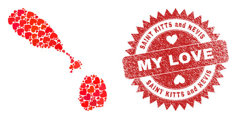 Vector mosaic Saint Kitts and Nevis map of valentine heart items and grunge My Love badge. Collage geographic Saint Kitts and Nevis map created with love hearts.