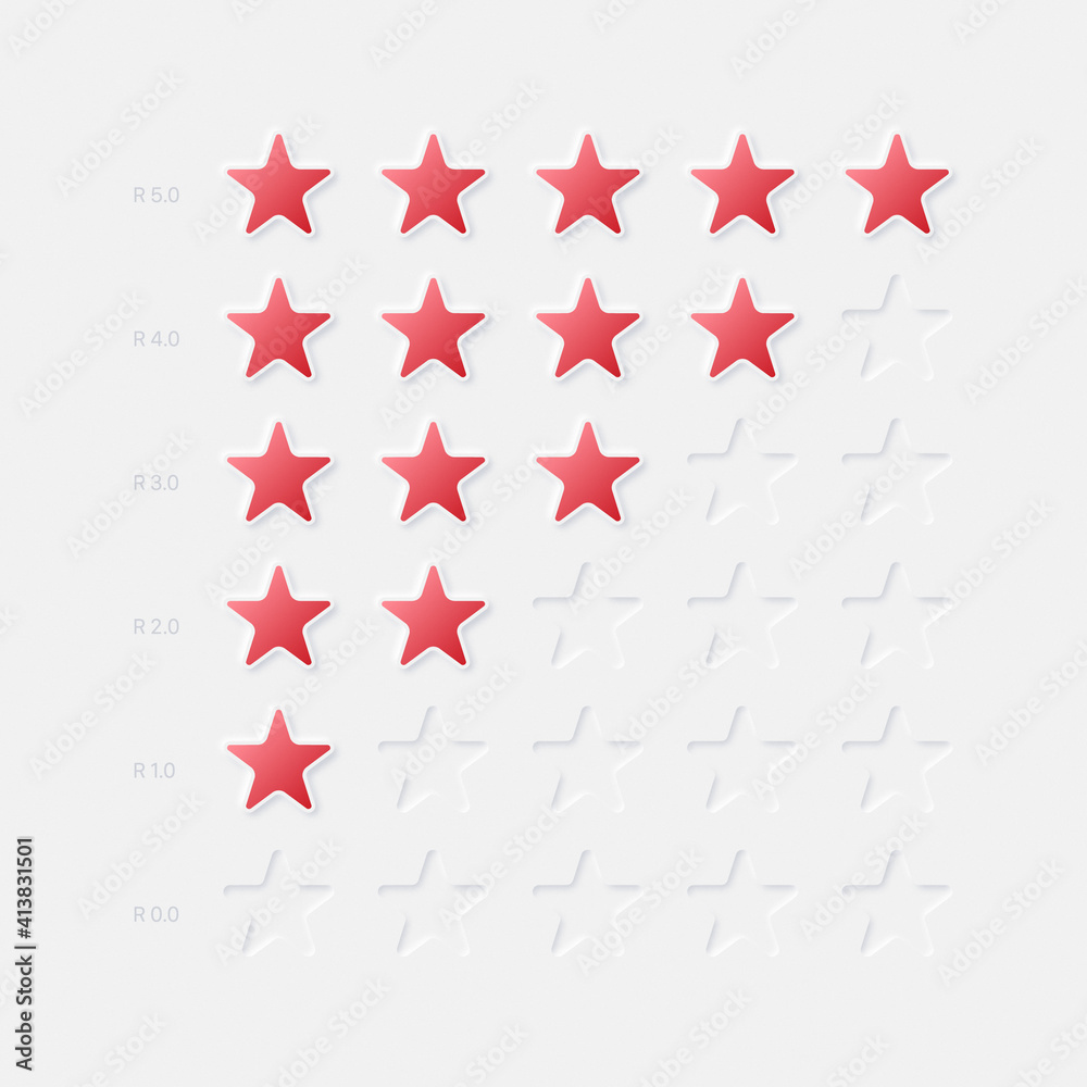 Poster neumorphic design ui elements 3d vector red stars five point rating system on white background. abst