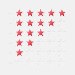 Neumorphic Design UI Elements 3D Vector Red Stars Five Point Rating System On White Background. Abstract Neumorphism Design Star Icons Set Achievement Rank Scale. Customer Product Rating Review