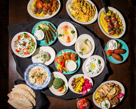 Above-view of a Meditterranean feast spread out on a table