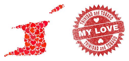 Vector collage Trinidad and Tobago map of valentine heart items and grunge My Love seal. Collage geographic Trinidad and Tobago map designed with valentine hearts.