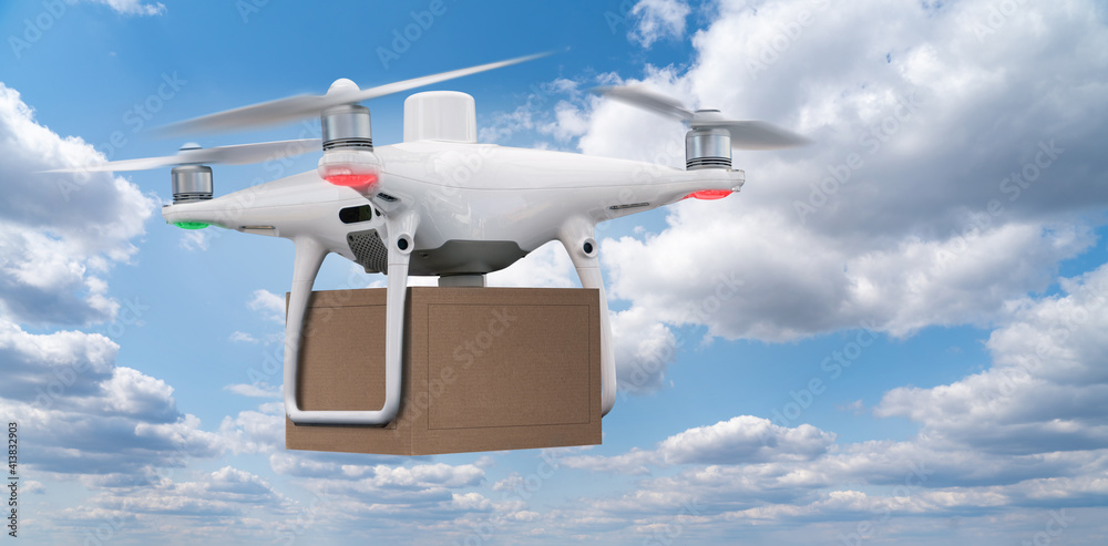 Poster drone with a package flying in the sky. unmanned delivery concept