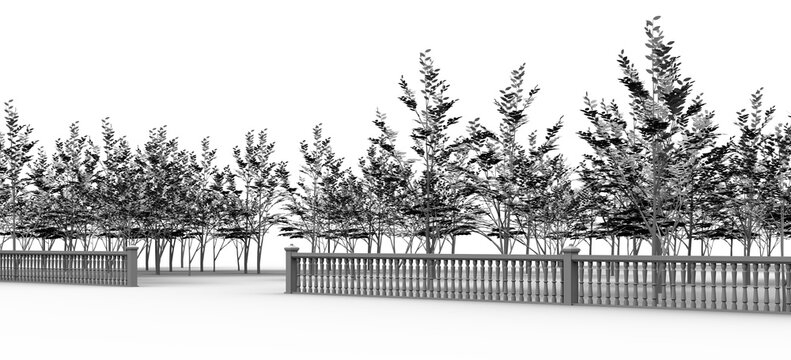 Maqueta 3D de una barandilla con balaustrada. Pasamanos exterior. Valla de un parque con &aacute;rboles. Paisaje en blanco