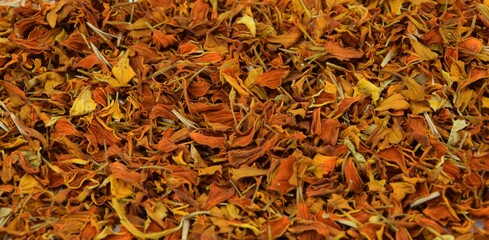 Tagetes patula dried petals, imeretian saffran, khmeli suneli ingredient,  for background 