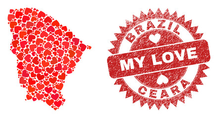 Vector mosaic Ceara state map of valentine heart elements and grunge My Love seal stamp. Mosaic geographic Ceara state map constructed using valentine hearts.