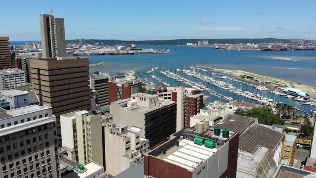 Aerial Pedestal shot from the city looking out into the Durban harbor