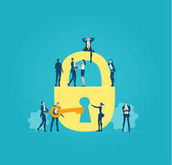 Business people, team working around the golden lock in order to achieve, open new perspectives. Personal security, data protection business concept illustration