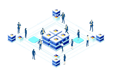 Isometric 3D Internet datacenter, server room, web administrator hosting concept  with business people. Technology, success, internet, data protection and personal security infographic illustration